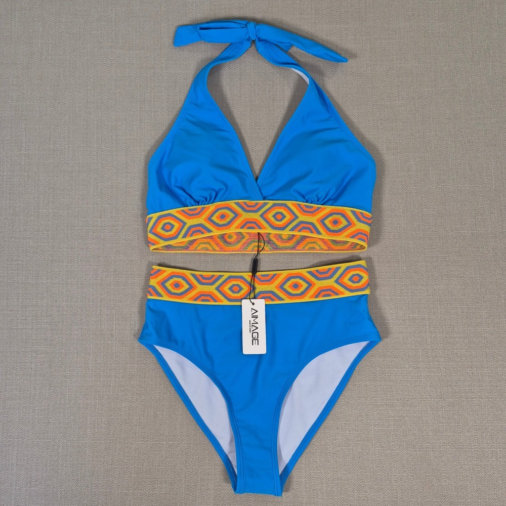 AIMAGE Womens Blue Geometric Embroidered Halter High Waist Bikini Set Size M NWT